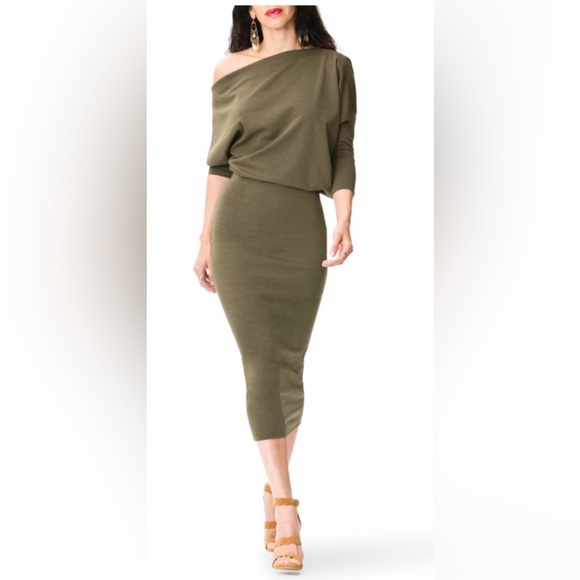 Loft 324 Slouchy Off Shoulder Army Green Midi Dress - Picture 1 of 10
